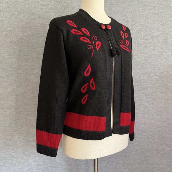 Bolivia Alpaca Wool Boho Open Cardigan Sweater Size S Black Red Artsy Embroidery - Picture 4 of 15